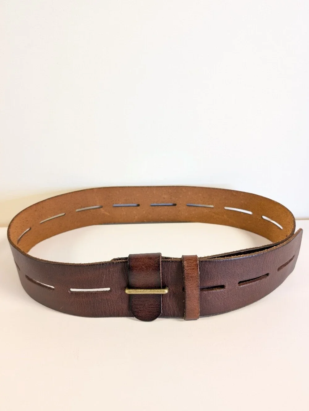 CAbi Here or There Belt 3298 Medium Brown Leather Wide Slotted Brass 45”
